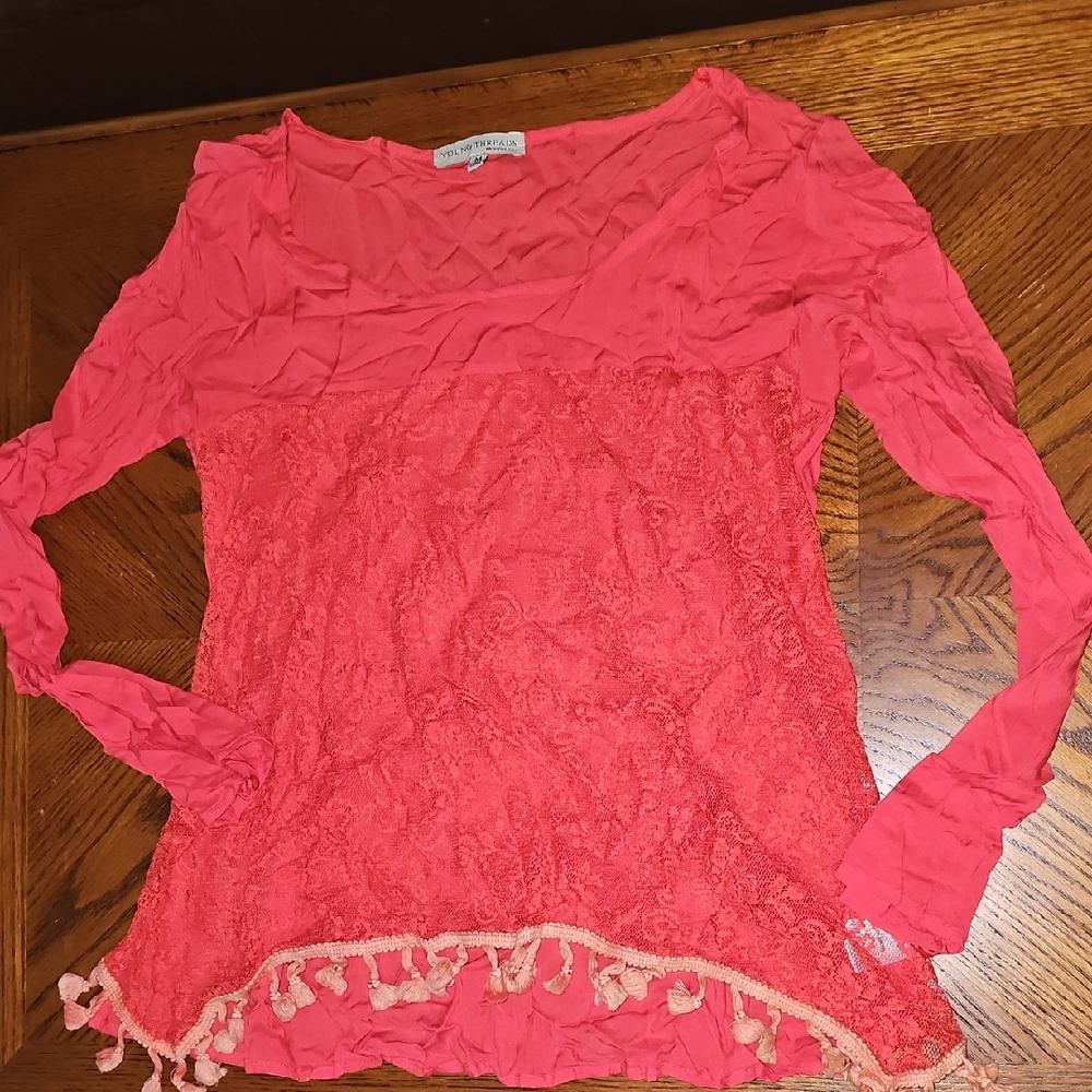 Chic Coral Lace Blouse with Tassel Accents